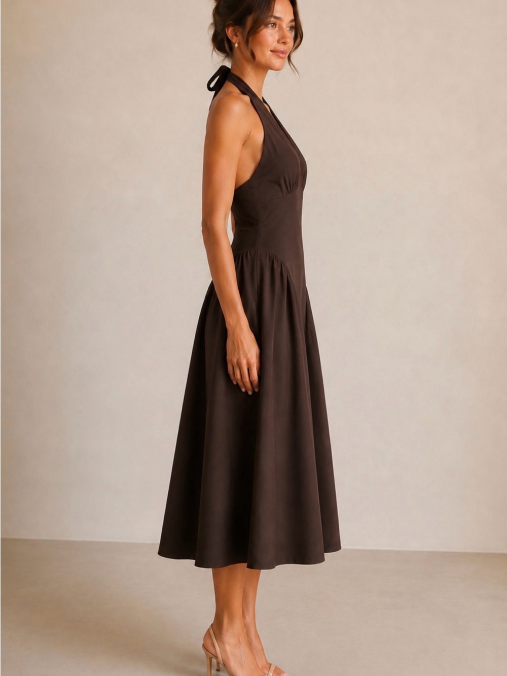 Sleeveless Halter Midi Dress in Chocolate Brown - Picture 3 of 5